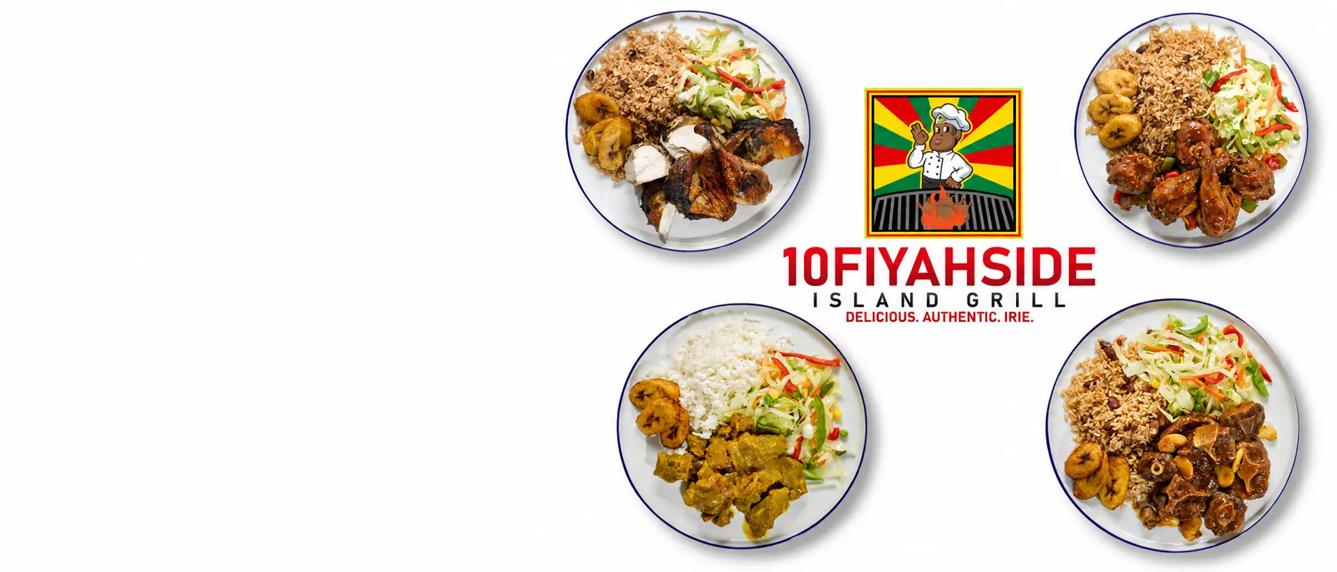 10 Fiyahside Island Grill signature Jamaican dishes and logo