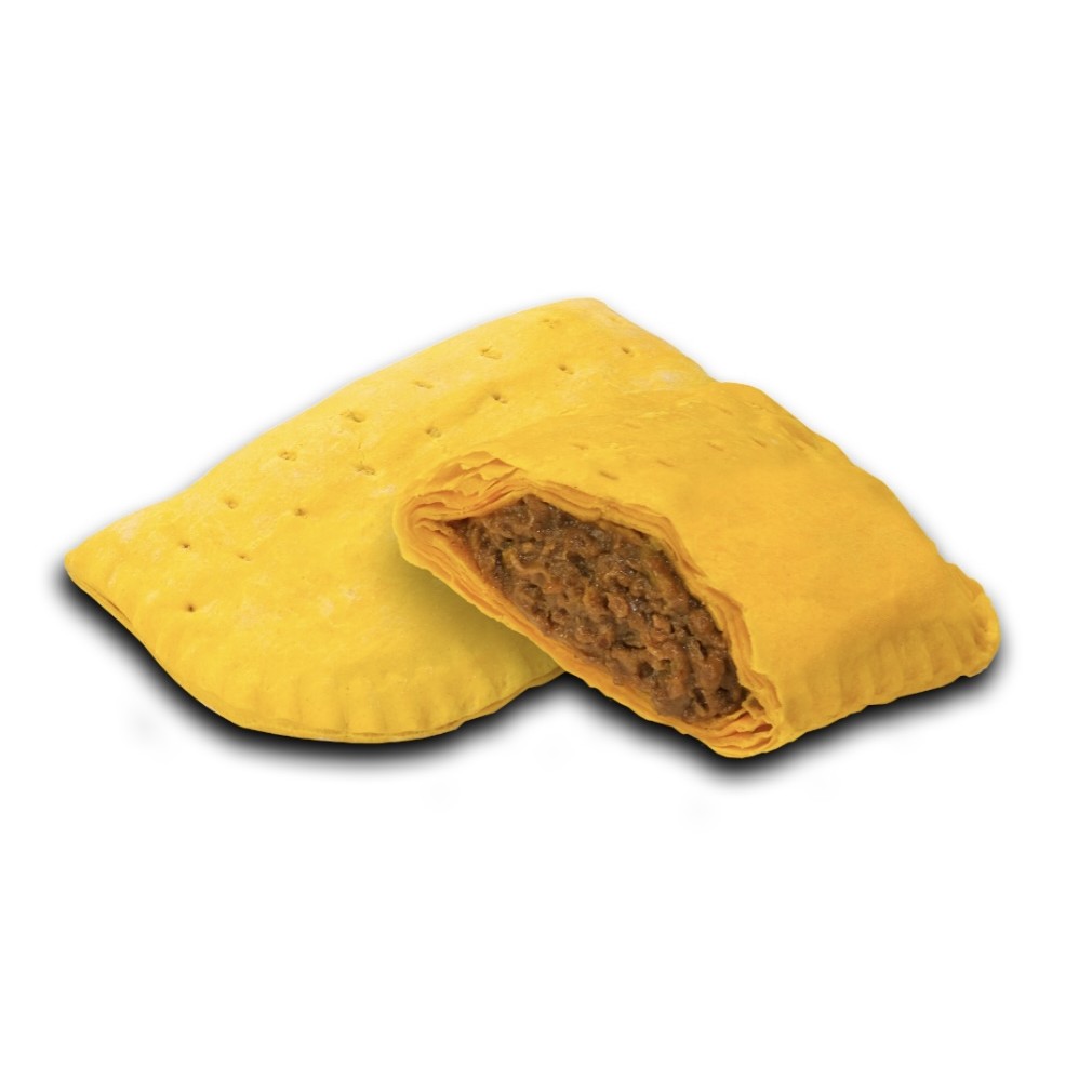 Jamaican beef patty, cut open to show the seasoned filling
